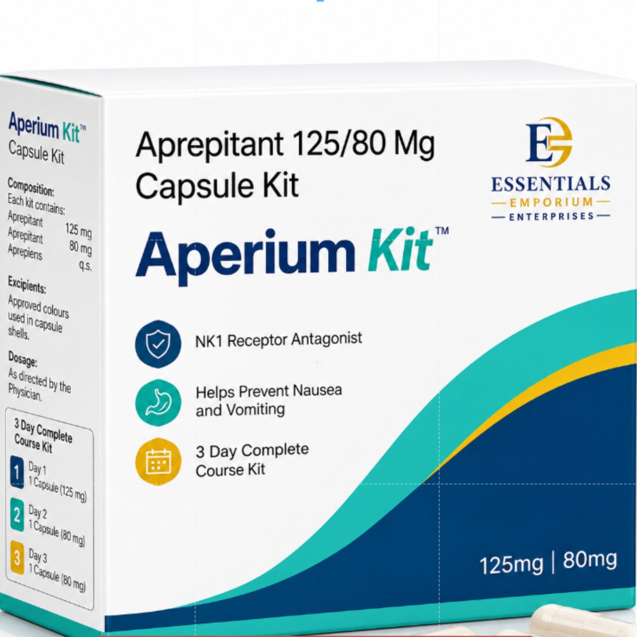 Aprepitant Capsule IP 125/80 Mg, Each Aprepitant Capsule contains:  Aprepitant 125 mg — for Day 1 Aprepitant 80 mg — for Day 2 & Day 3 Excipients — q.s. Approved colours — used in capsule shells, if applicable  Dosage Form: Hard Gelatin Capsules Strength: 125 mg / 80 mg Standard: IP Drug Class: NK1 Receptor Antagonist